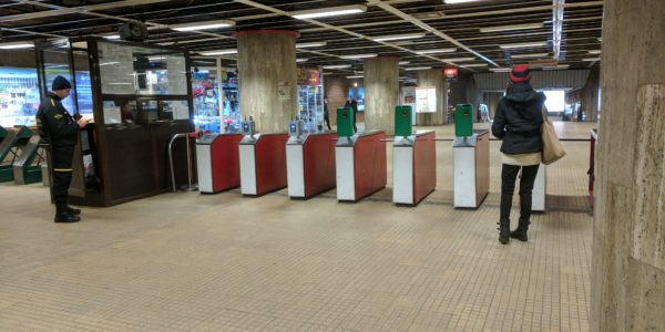 The Metro turnstiles and ticket kiosk at the Piata Unirii Metro station