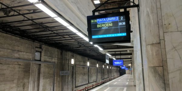 The platform and train information system at the Piata Unirii Metro station