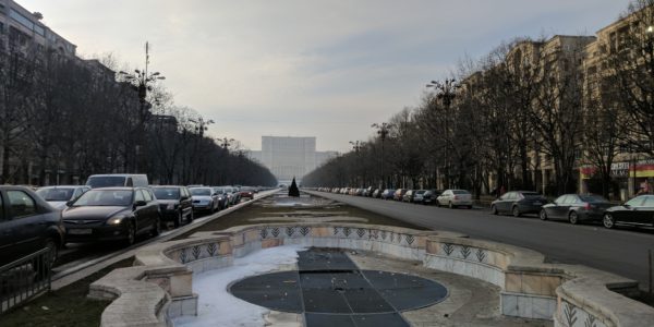 The massive Communist-era Palace of Parliament looming over the Bulevardul Unirii